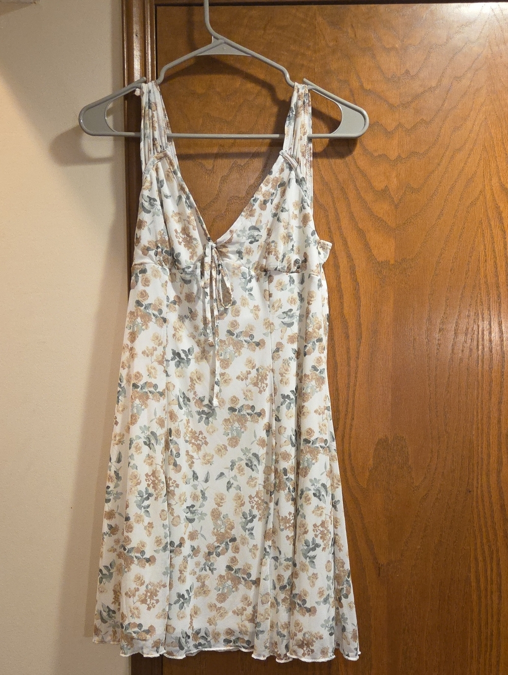 V-Neck Floral Midi Dress in Cream with Blue Accents